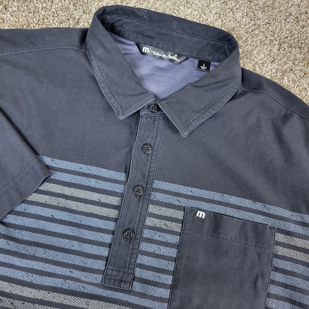 Travis Mathew Mens Large Black Striped Performance Stretch‎ Polo Short Sleeve